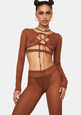 Cropped Mesh Top And Flare Pants Set
