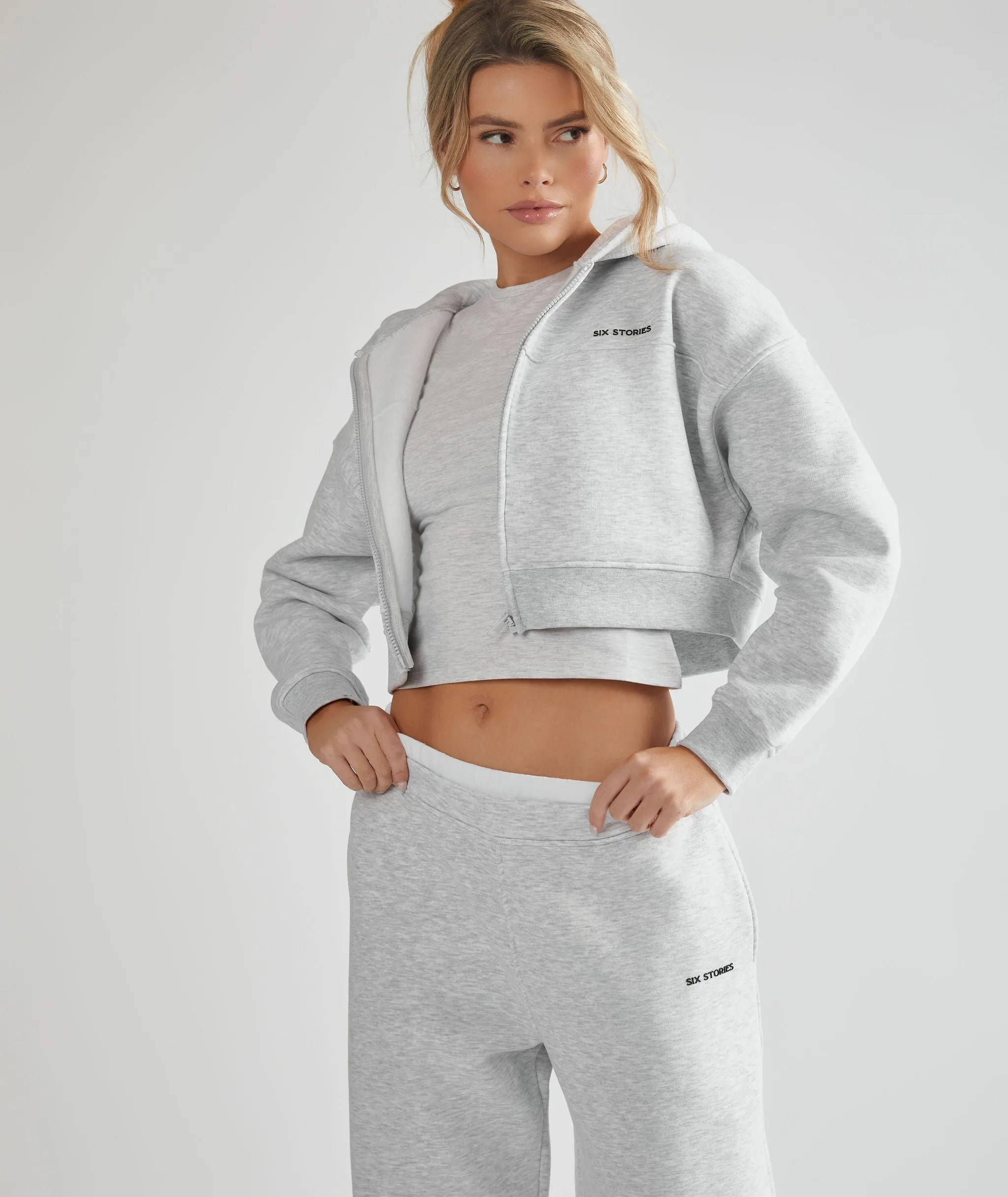 Cropped Zip Through Hoodie - Grey Marl