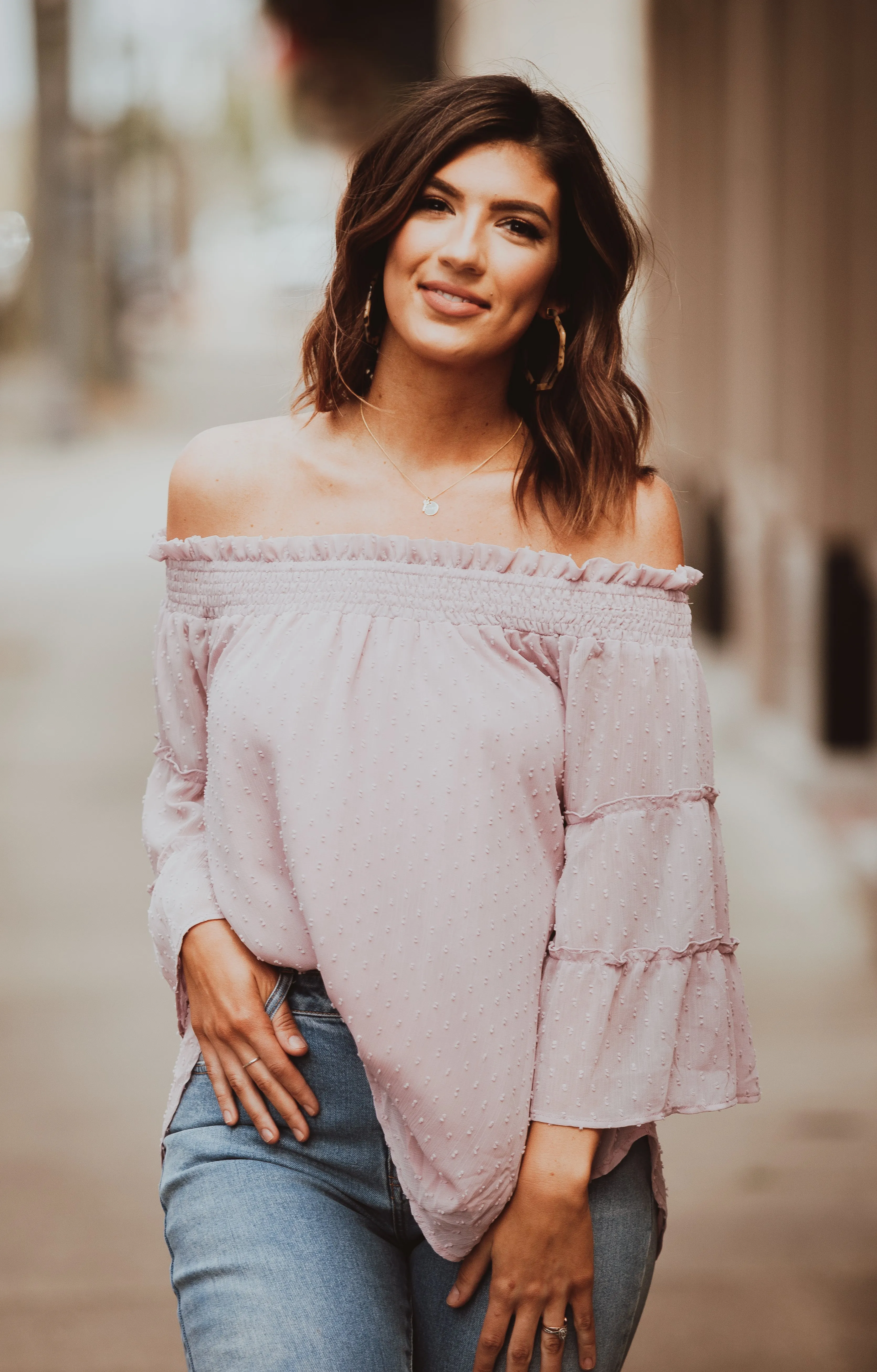 Dot Chiffon Off Shoulder Top-SALE