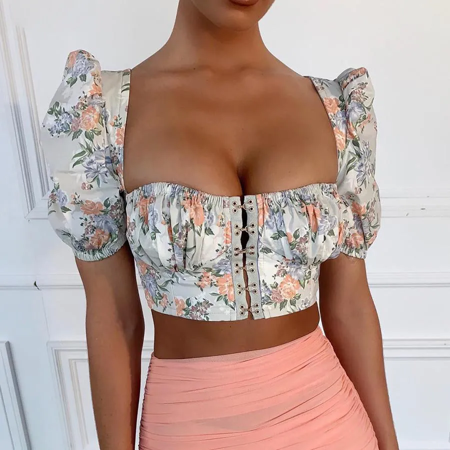 Elegant Office Floral Square Collar Sequined Puff Sleeve Crop Top