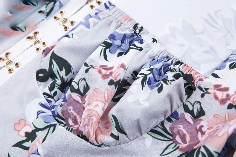 Elegant Office Floral Square Collar Sequined Puff Sleeve Crop Top