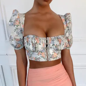 Elegant Office Floral Square Collar Sequined Puff Sleeve Crop Top