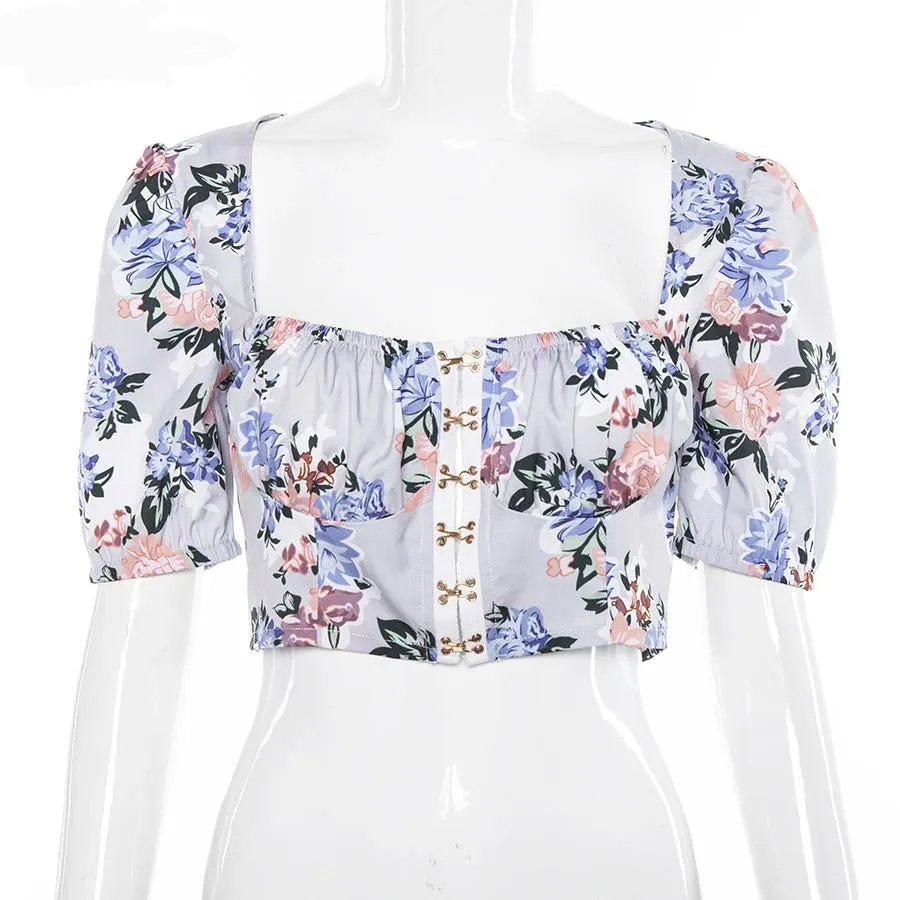 Elegant Office Floral Square Collar Sequined Puff Sleeve Crop Top