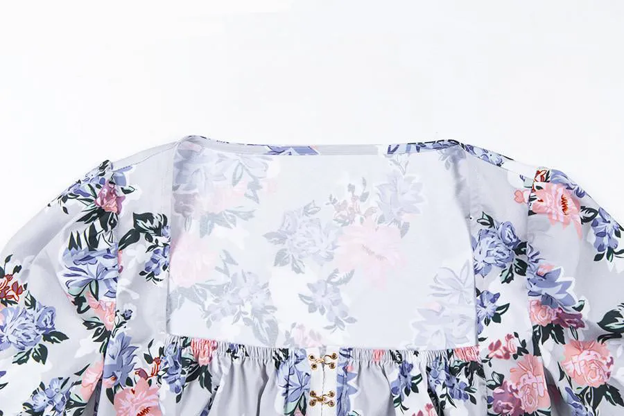 Elegant Office Floral Square Collar Sequined Puff Sleeve Crop Top