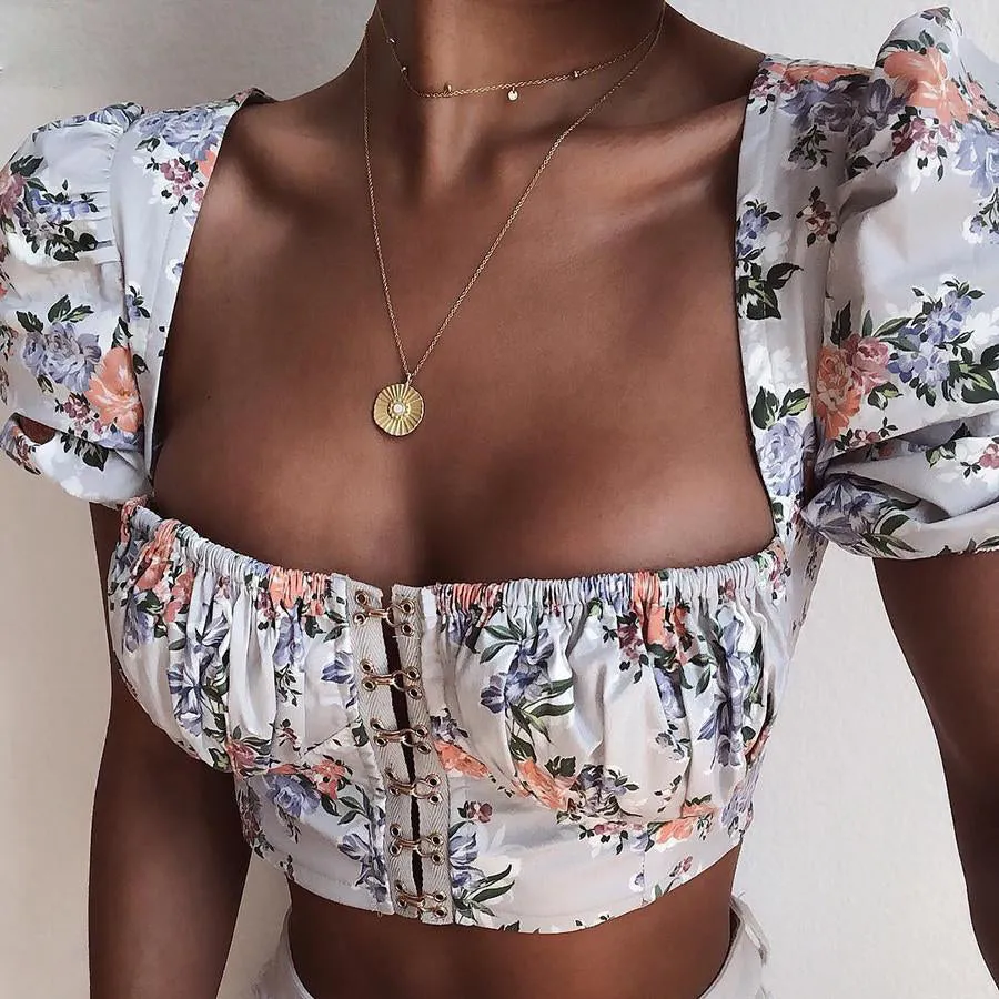 Elegant Office Floral Square Collar Sequined Puff Sleeve Crop Top