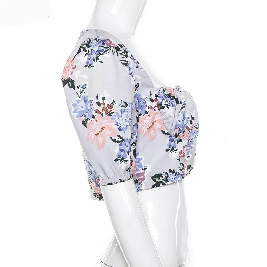 Elegant Office Floral Square Collar Sequined Puff Sleeve Crop Top