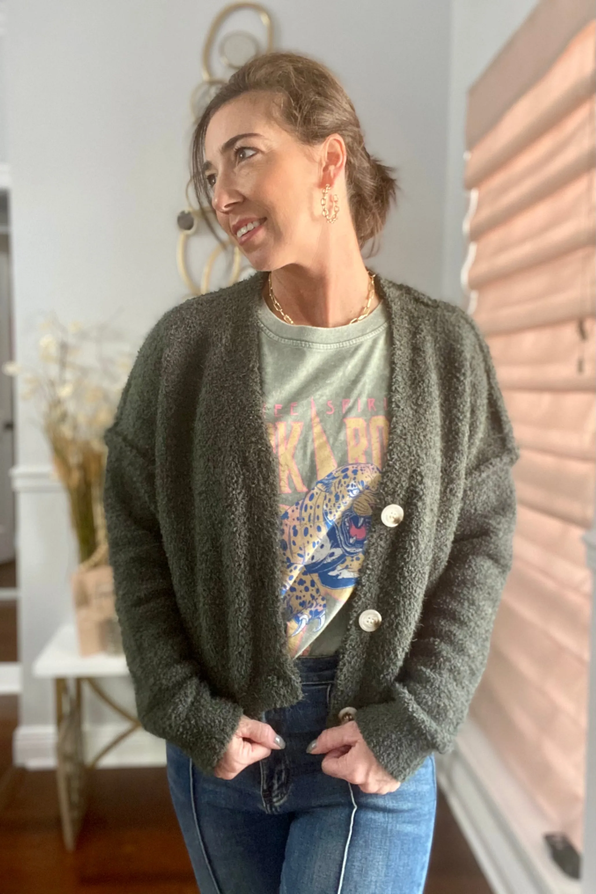 Fuzzy Pine Button Cardigan