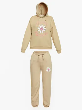 Girls Beige Flowers Print Terry Hoodie With Joggers - Lyush Kids
