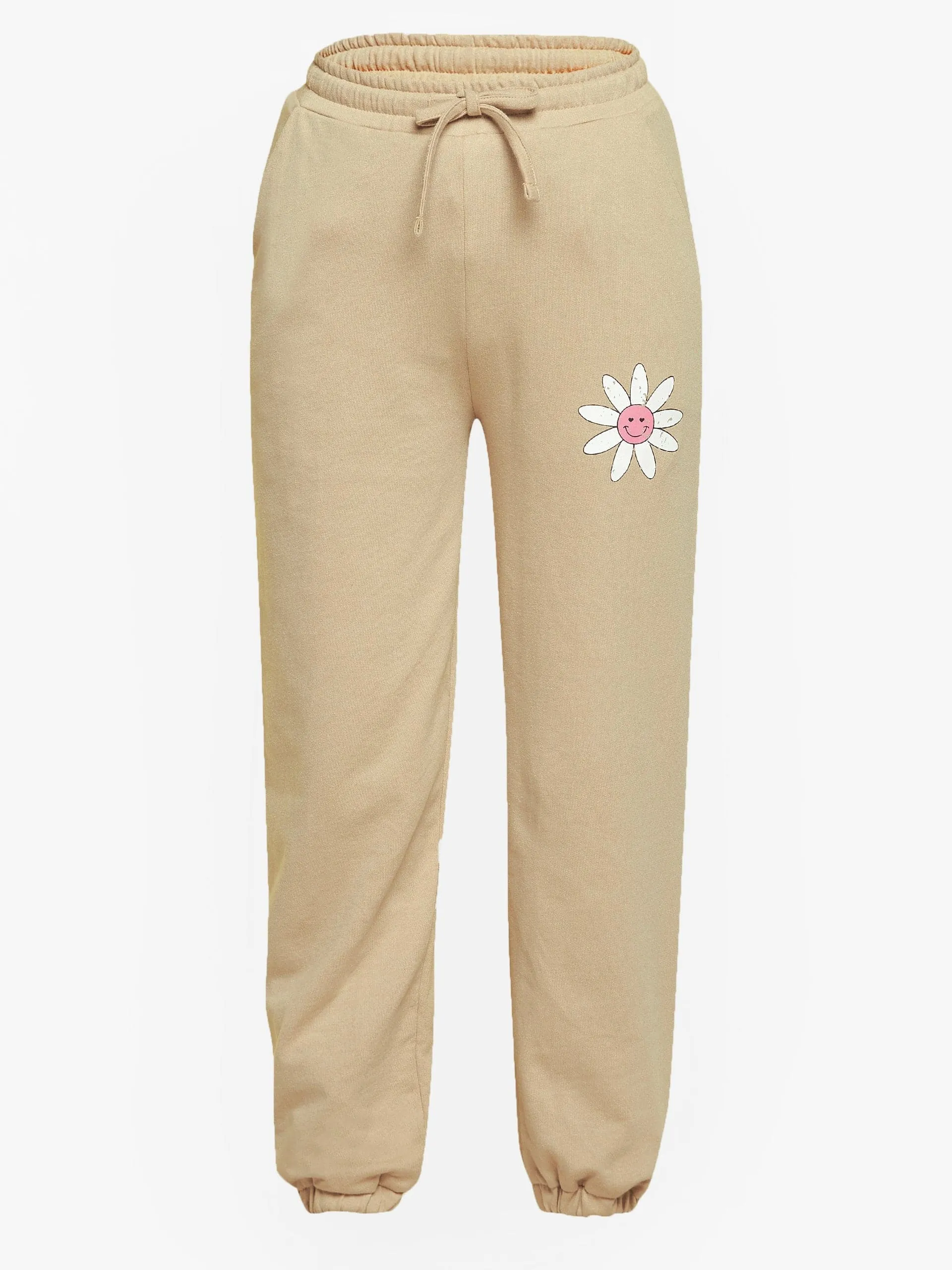 Girls Beige Flowers Print Terry Hoodie With Joggers - Lyush Kids