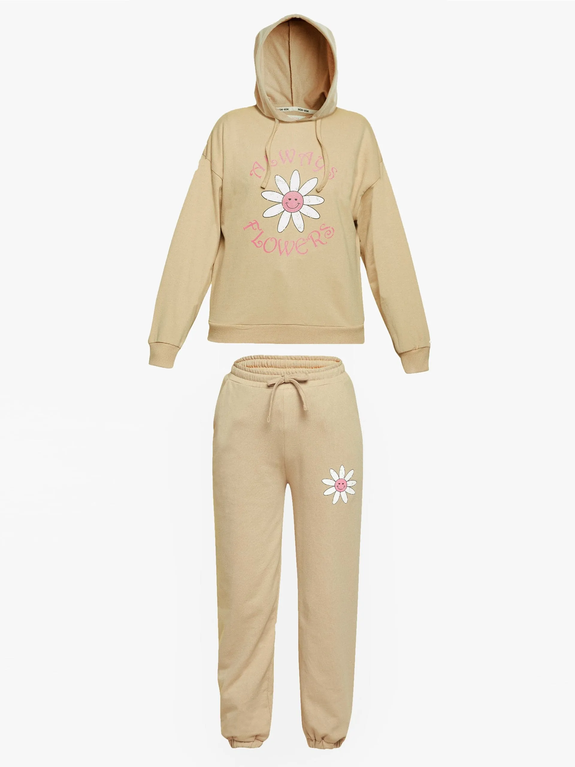 Girls Beige Flowers Print Terry Hoodie With Joggers - Lyush Kids