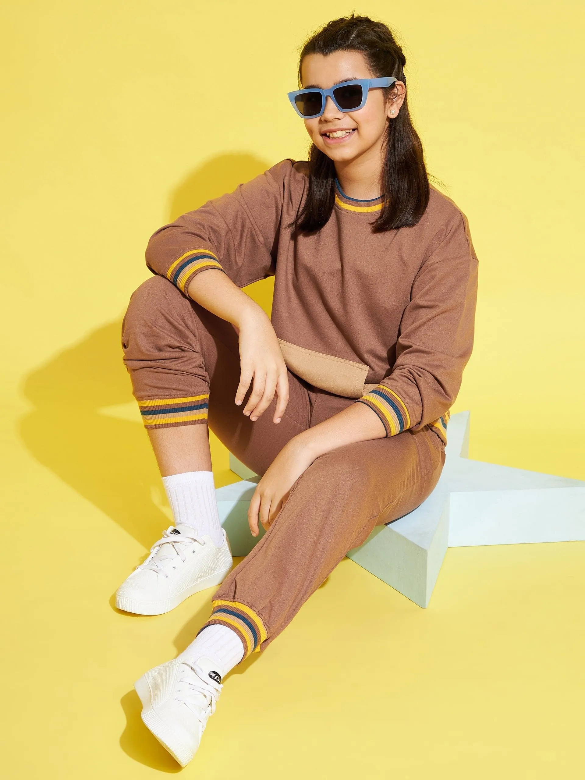 Girls Brown Drop Shoulder Sweatshirt With Joggers - Lyush Kids