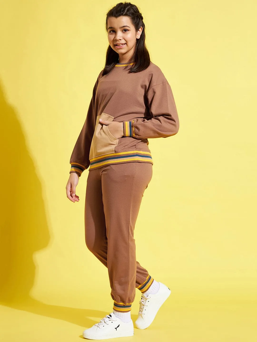 Girls Brown Drop Shoulder Sweatshirt With Joggers - Lyush Kids