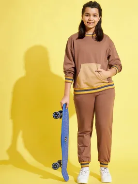 Girls Brown Drop Shoulder Sweatshirt With Joggers - Lyush Kids