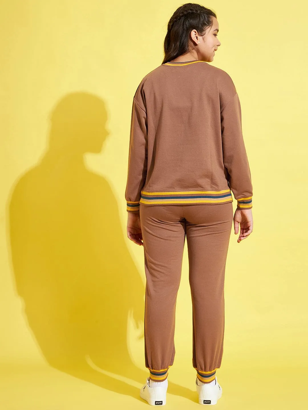 Girls Brown Drop Shoulder Sweatshirt With Joggers - Lyush Kids