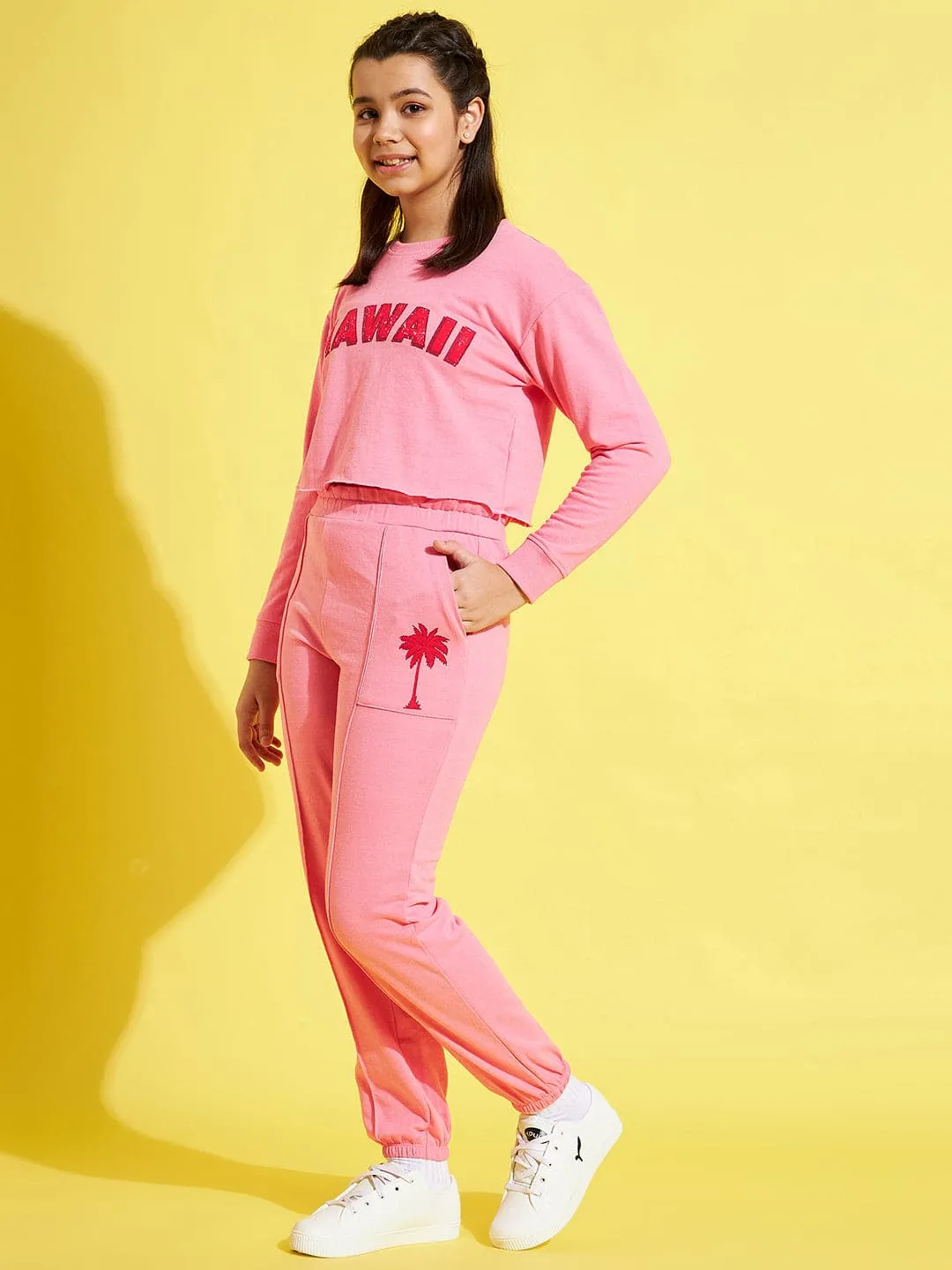 Girls Pink Hawaii Sweatshirt With Paper Bag Joggers - Lyush Kids