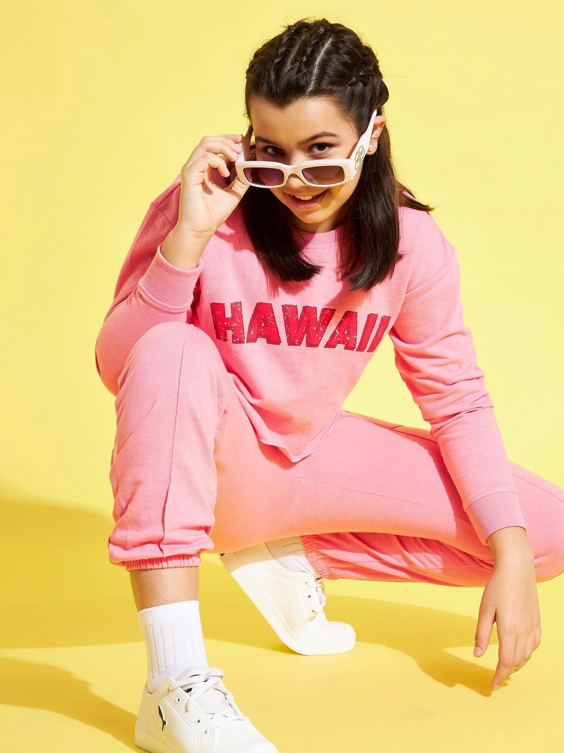 Girls Pink Hawaii Sweatshirt With Paper Bag Joggers - Lyush Kids