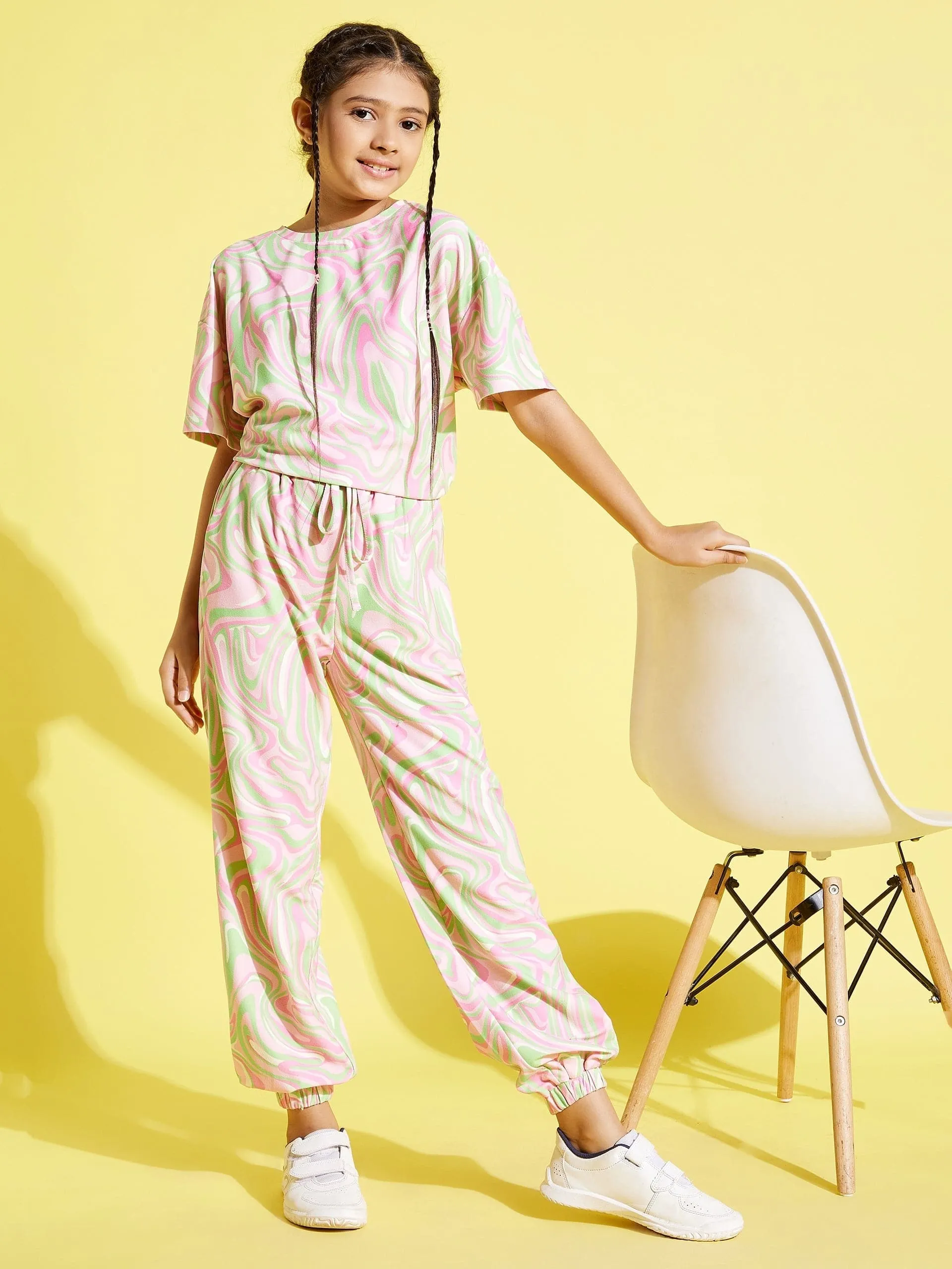 Girls Pink Waves Drop Shoulder Knit Top With Joggers - Lyush Kids