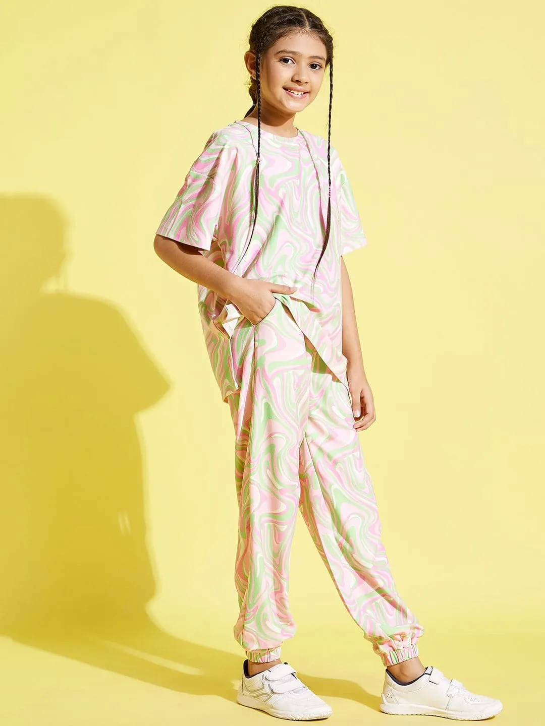 Girls Pink Waves Drop Shoulder Knit Top With Joggers - Lyush Kids