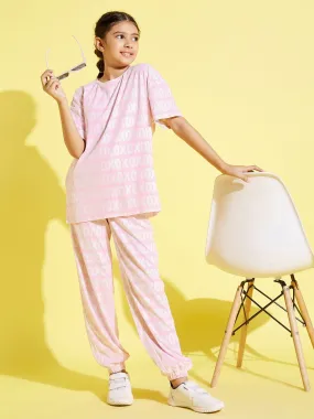 Girls Pink Xoxo Drop Shoulder Knit Top With Joggers - Lyush Kids