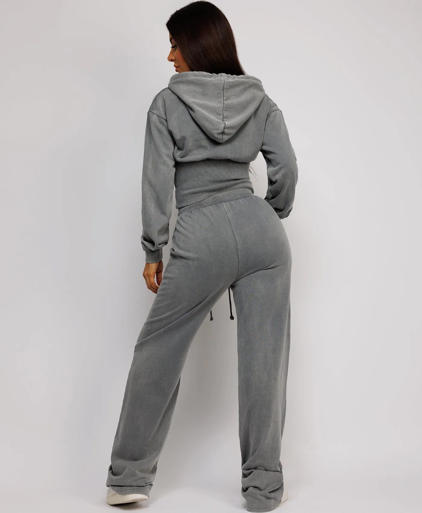 Grey Acid Wash Ribbed High Hem Hoodie & Lined Straight Joggers