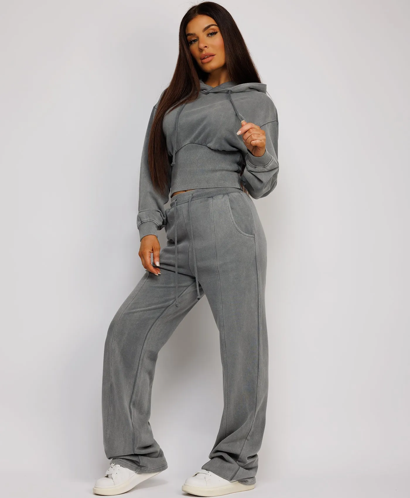 Grey Acid Wash Ribbed High Hem Hoodie & Lined Straight Joggers