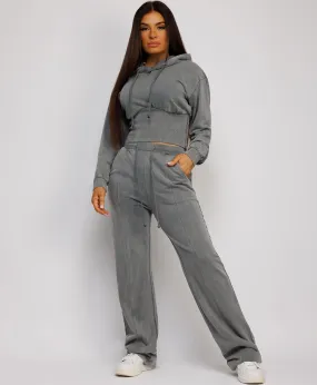 Grey Acid Wash Ribbed High Hem Hoodie & Lined Straight Joggers