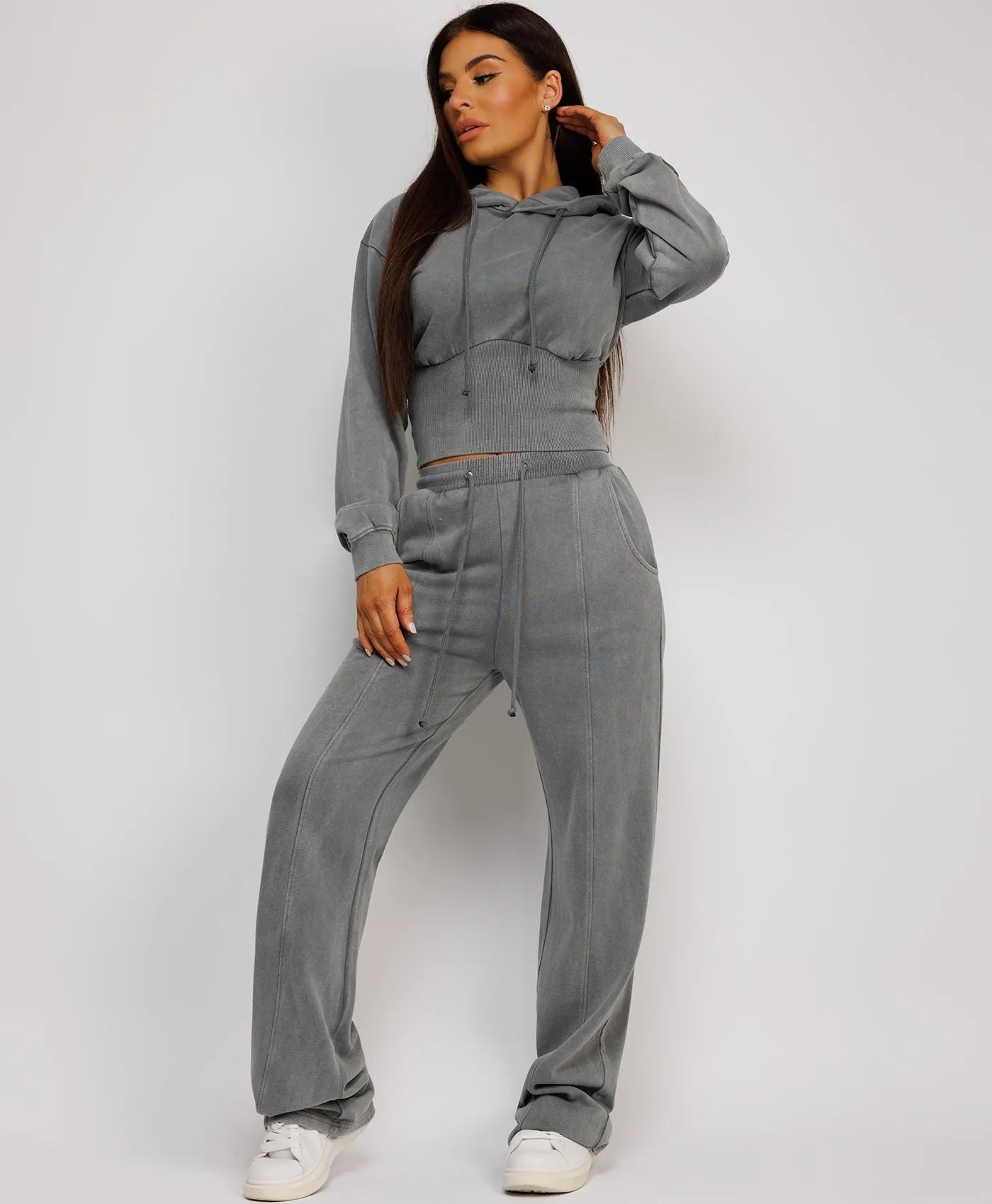 Grey Acid Wash Ribbed High Hem Hoodie & Lined Straight Joggers