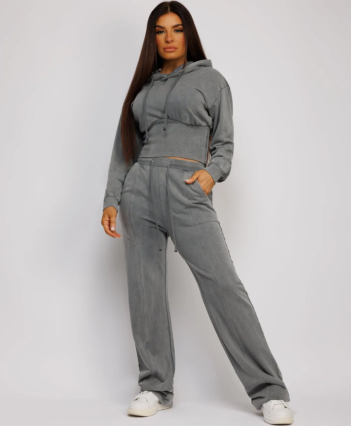 Grey Acid Wash Ribbed High Hem Hoodie & Lined Straight Joggers