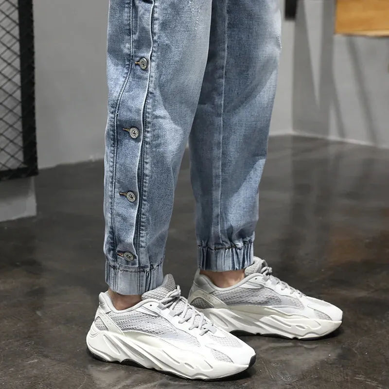 Harem Jeans Men Oversized Joggers Pants Stretch Light Blue Side Rivets Loose Fit Tapered Jeans Men Streetwear Patchwork Trendy