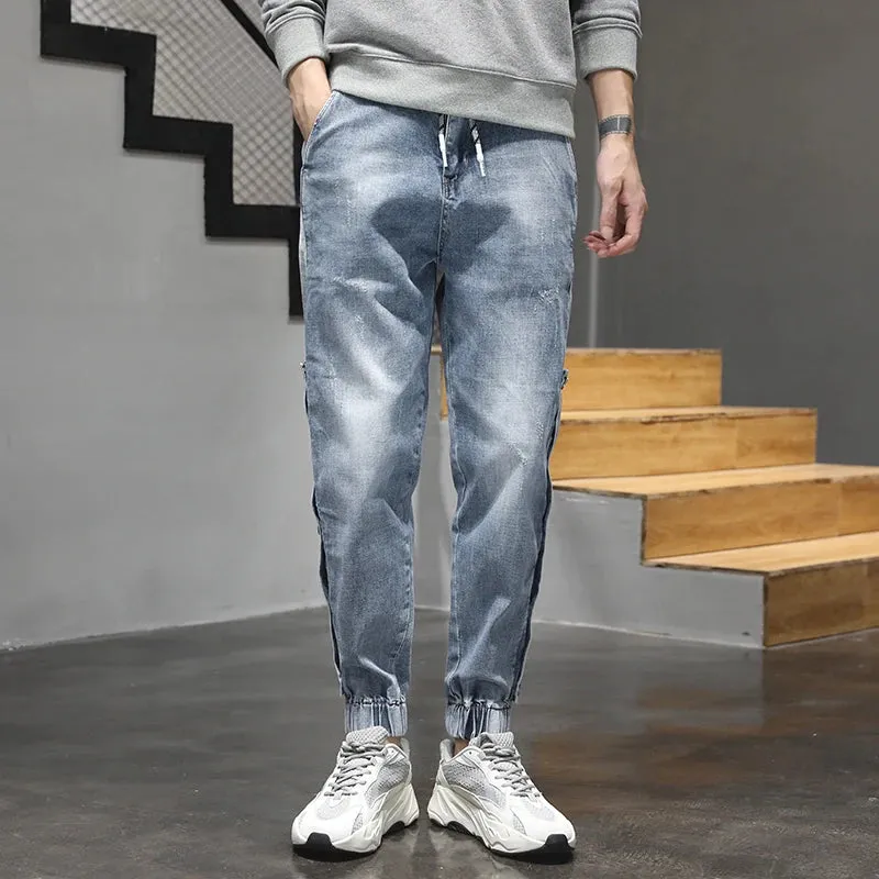Harem Jeans Men Oversized Joggers Pants Stretch Light Blue Side Rivets Loose Fit Tapered Jeans Men Streetwear Patchwork Trendy
