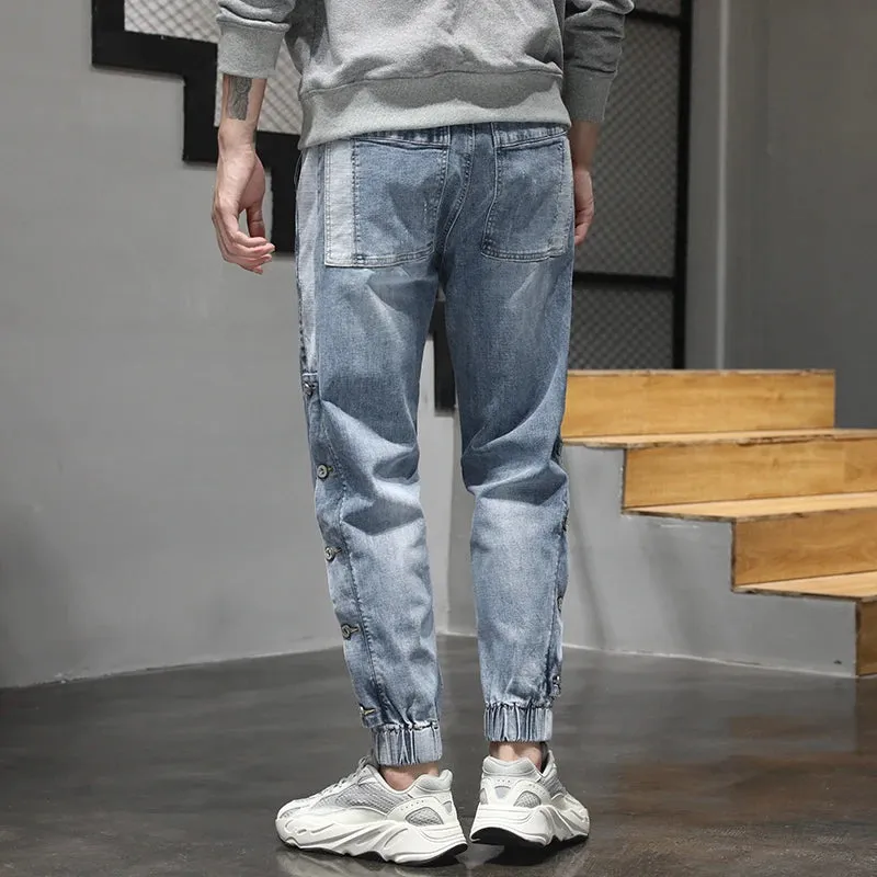 Harem Jeans Men Oversized Joggers Pants Stretch Light Blue Side Rivets Loose Fit Tapered Jeans Men Streetwear Patchwork Trendy