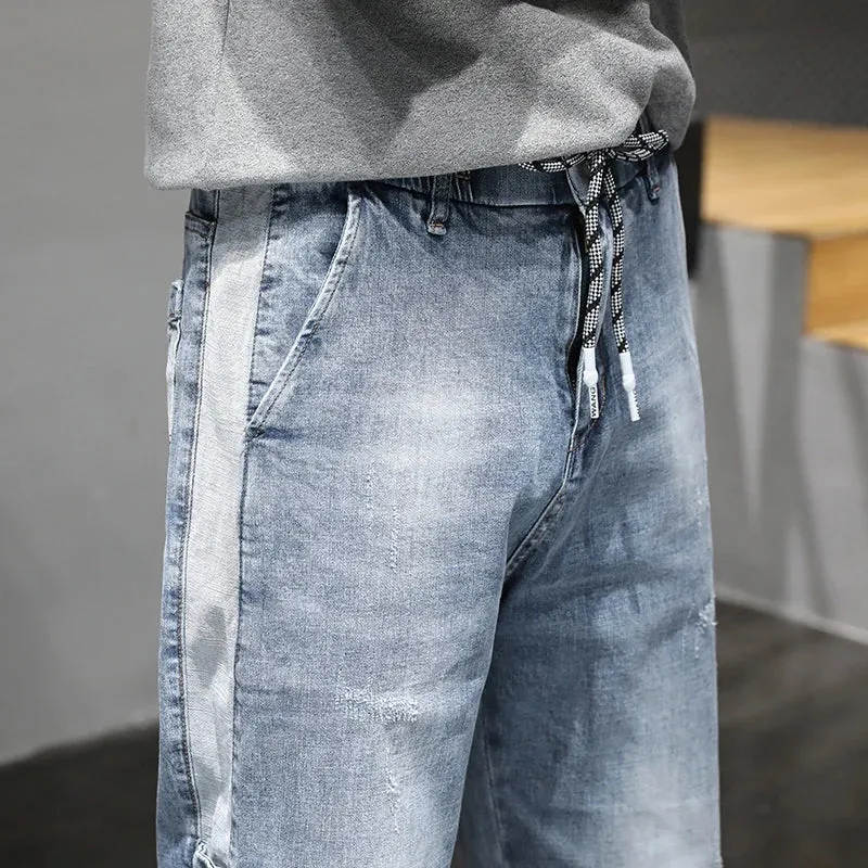 Harem Jeans Men Oversized Joggers Pants Stretch Light Blue Side Rivets Loose Fit Tapered Jeans Men Streetwear Patchwork Trendy