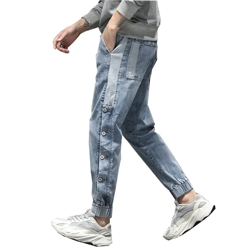 Harem Jeans Men Oversized Joggers Pants Stretch Light Blue Side Rivets Loose Fit Tapered Jeans Men Streetwear Patchwork Trendy