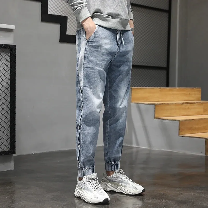 Harem Jeans Men Oversized Joggers Pants Stretch Light Blue Side Rivets Loose Fit Tapered Jeans Men Streetwear Patchwork Trendy
