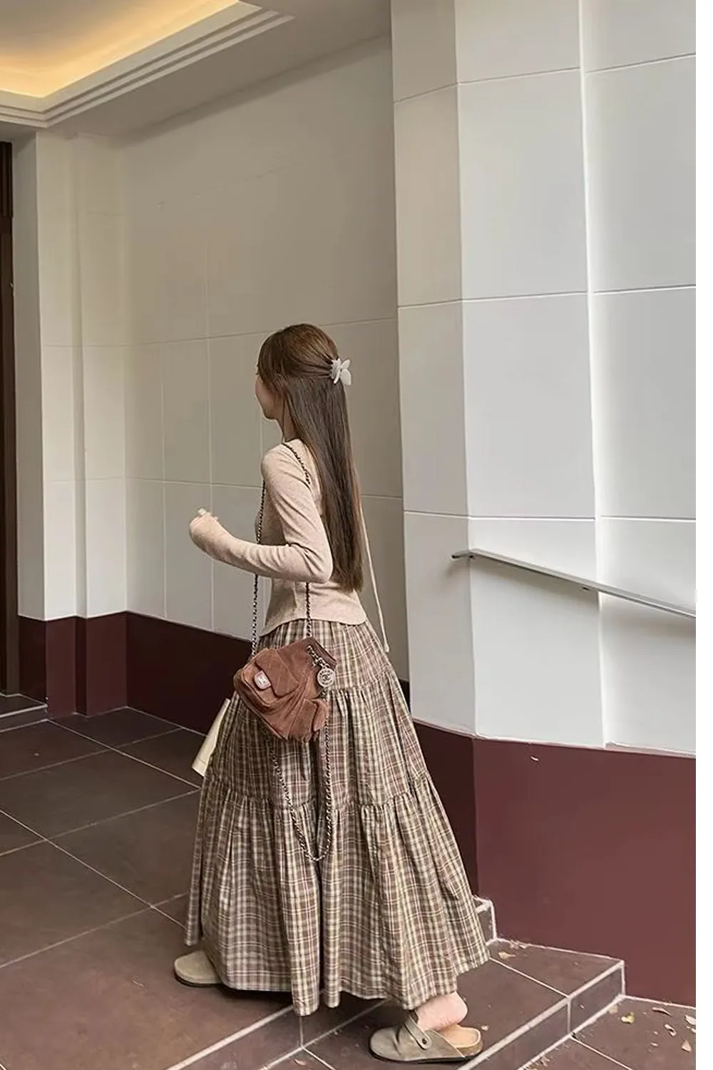 High Waist Vintage Plaid Elegant Long Skirts