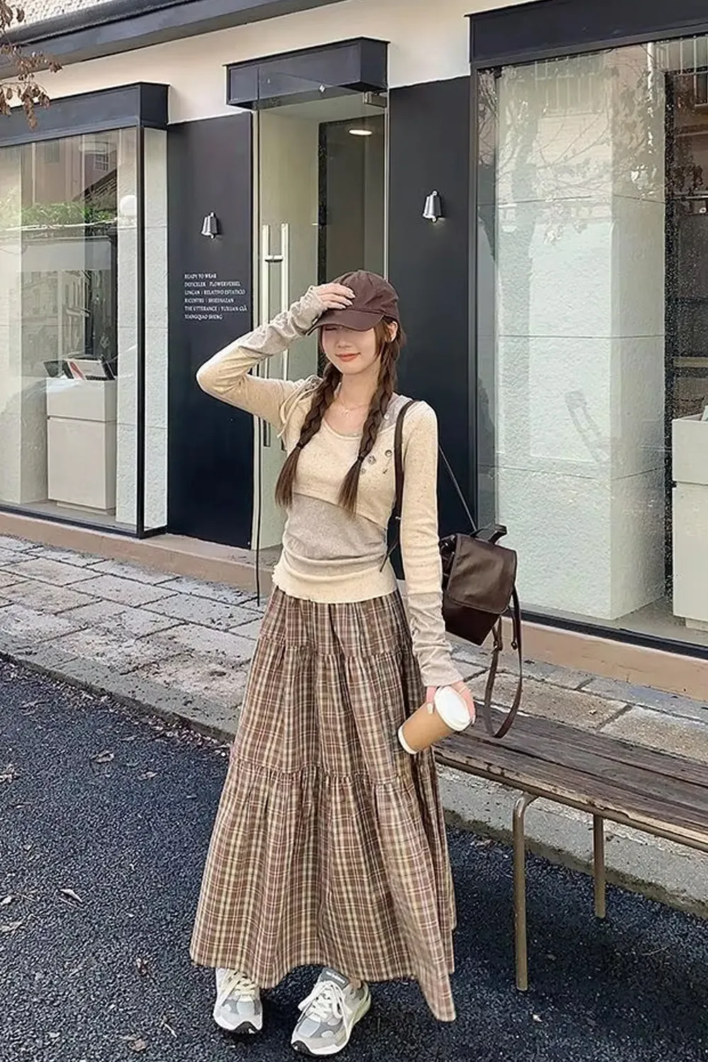 High Waist Vintage Plaid Elegant Long Skirts