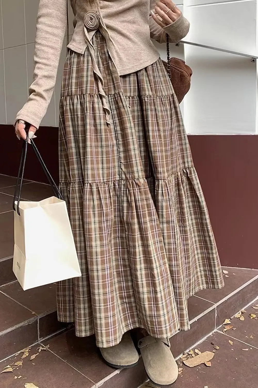 High Waist Vintage Plaid Elegant Long Skirts