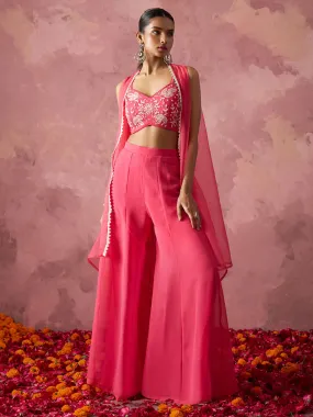 Hot Pink Khatli Work Georgette Indo Western Cape Set