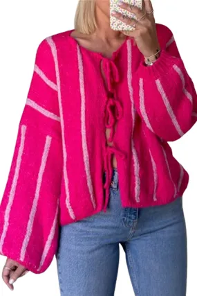 HWT1322 Cozy Stripe Tie-Front Knit Cardigan