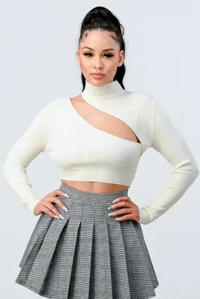 Ivory White Long Sleeve Sweater Rib Cutout Mock Neck Crop Top_