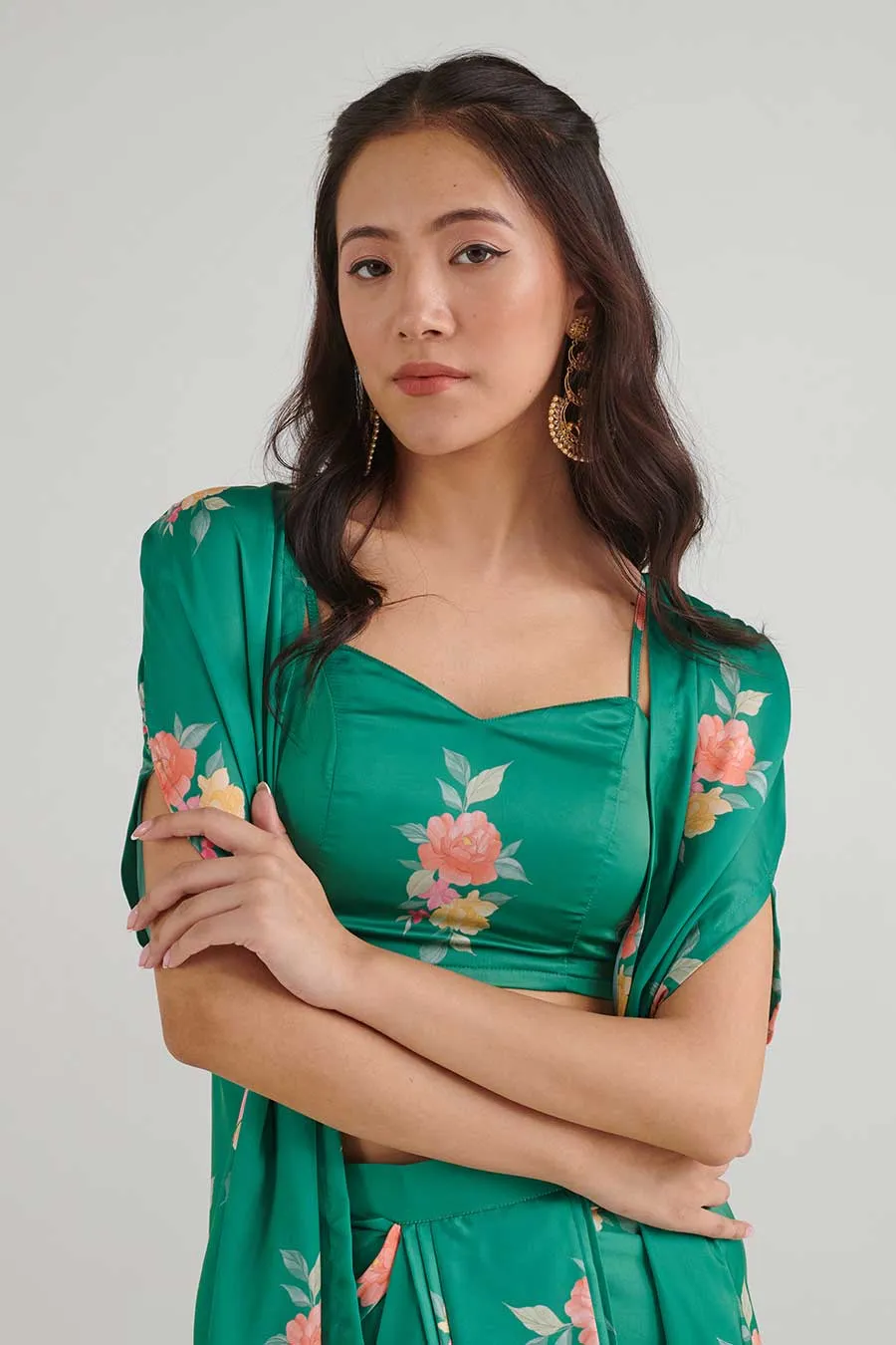 Jade Green Floral Bralette & Skirt Set With Cape