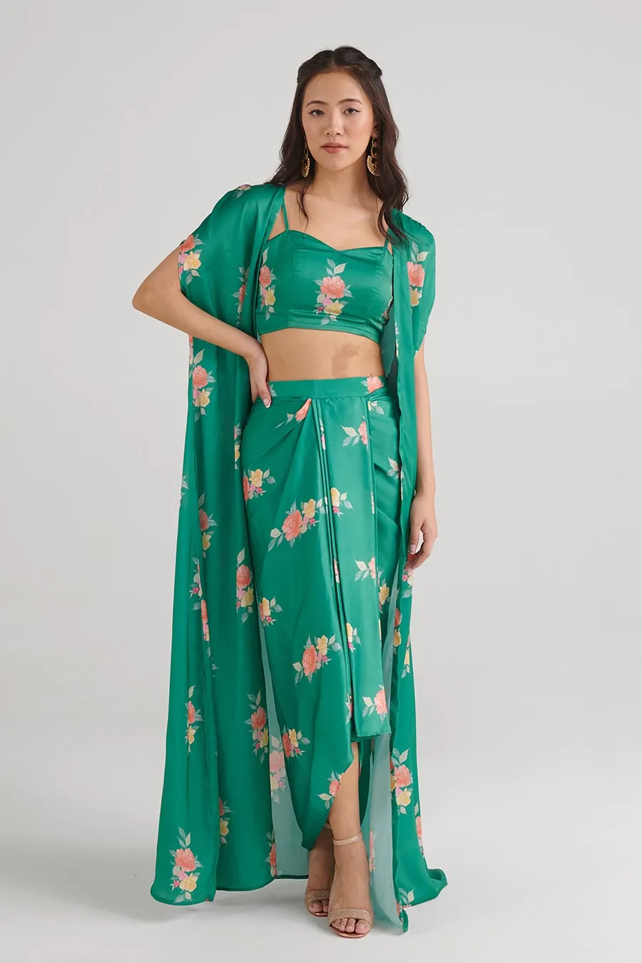 Jade Green Floral Bralette & Skirt Set With Cape