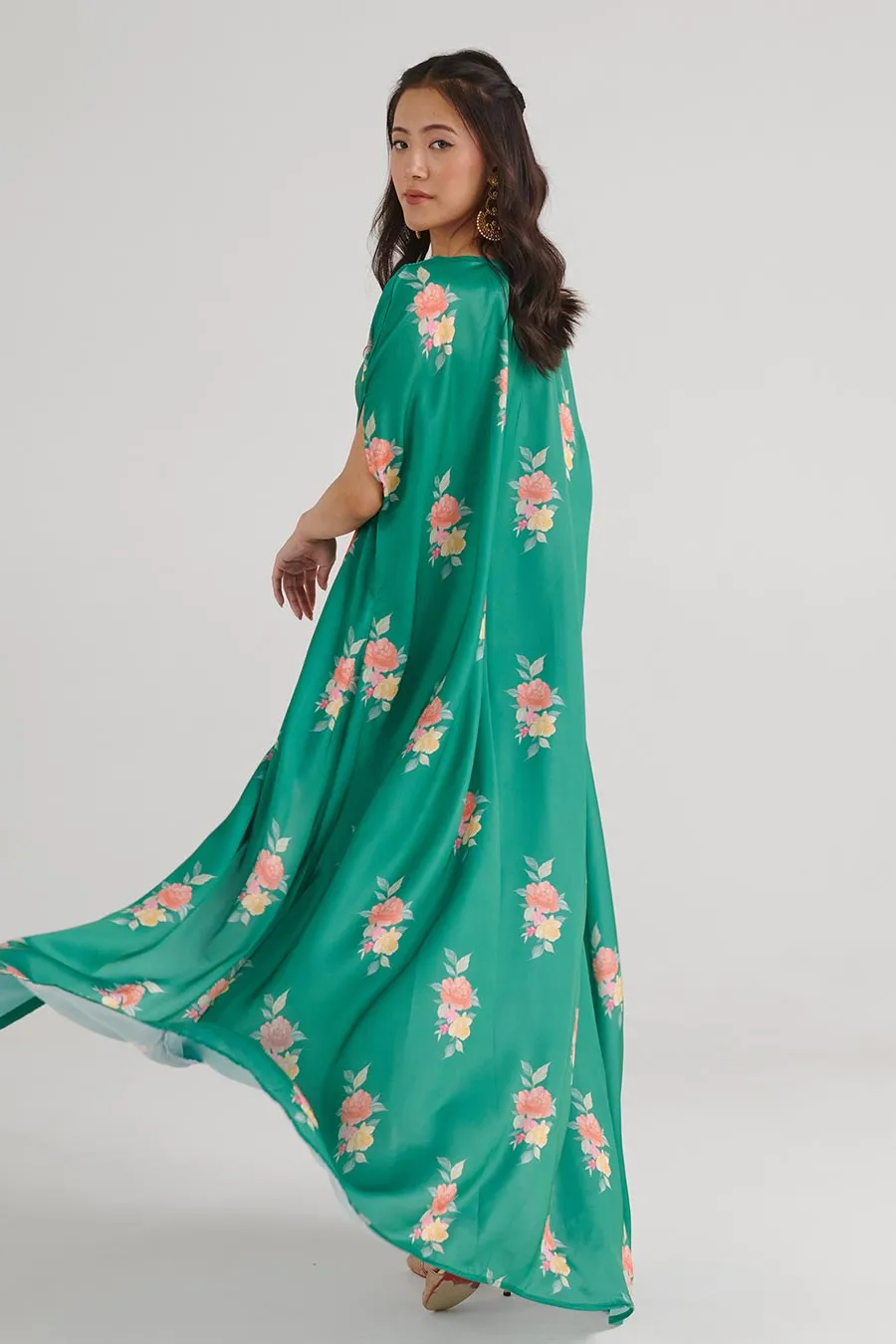 Jade Green Floral Bralette & Skirt Set With Cape
