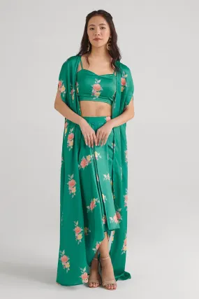 Jade Green Floral Bralette & Skirt Set With Cape