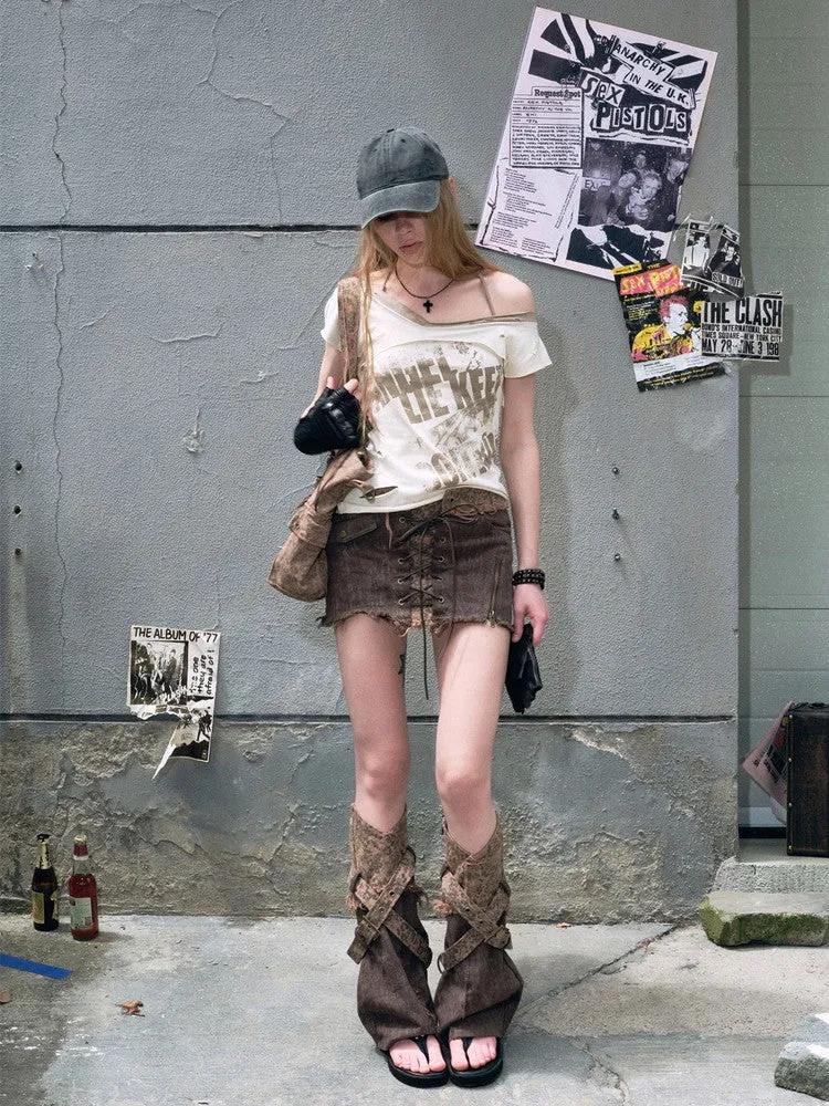 Lace-Up Cut-Off Tight Casual Mini-Skirt