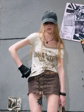 Lace-Up Cut-Off Tight Casual Mini-Skirt