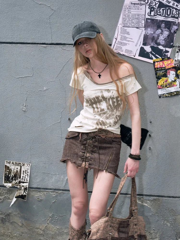 Lace-Up Cut-Off Tight Casual Mini-Skirt
