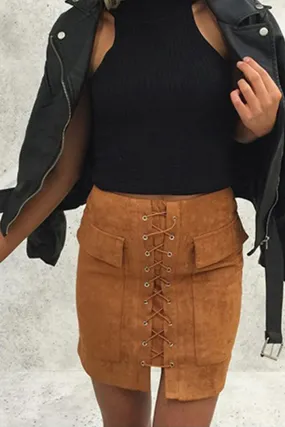 Lace-Up Suede Skirt in Camel