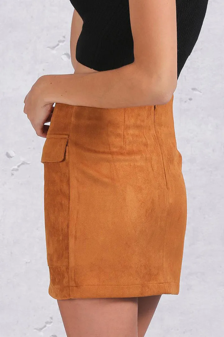 Lace-Up Suede Skirt in Camel