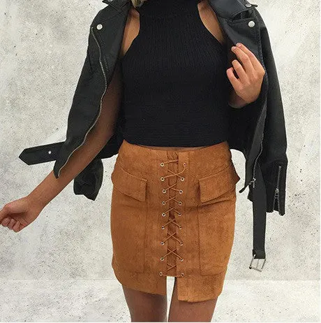 Lace-Up Suede Skirt in Camel